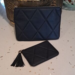 NWOT Set Of 2 Mark & Graham Navy Quilted Leather Cosmetic Bag Set